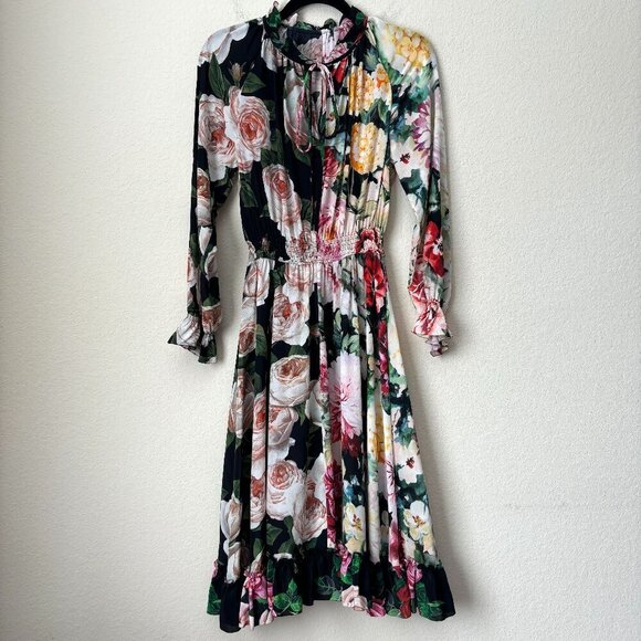 Dolce & Gabbana Silk Mixed Floral Print Long Sleeve Midi Dress - Picture 2 of 16
